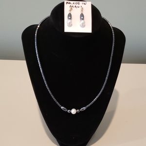 Pearl hematite necklace and earring set